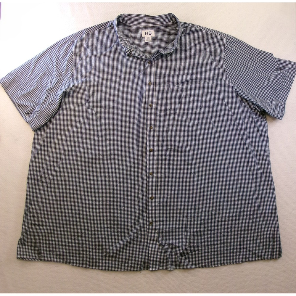 HB Mens 5XLT Short Sleeve Gingham Button Down Shirt Blue White Tall Cotton Blend